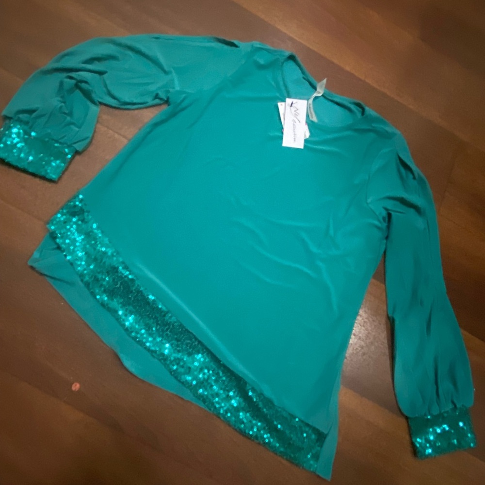 (A247) NY Collection Teal Sequin Hem & Cuffs Blouse Size Small NWTS